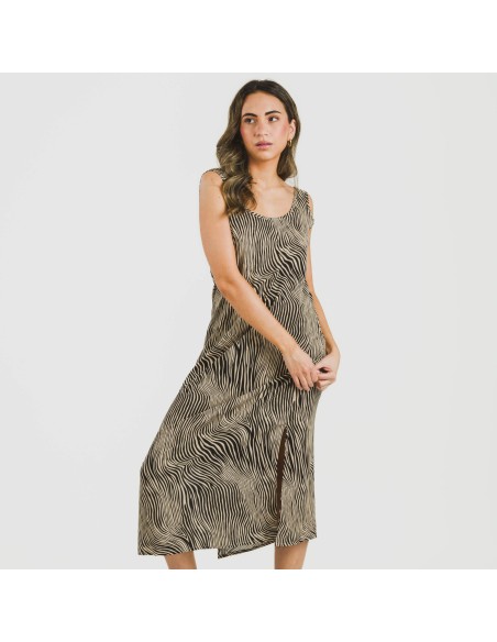 Vestido largo tirantes viscosa Drus beige - negro vestidos-y-blusones-mujer