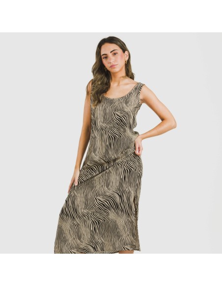 Vestido largo tirantes viscosa Drus beige - negro vestidos-y-blusones-mujer