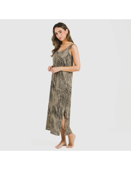 Vestido largo tirantes viscosa Drus beige - negro vestidos-y-blusones-mujer