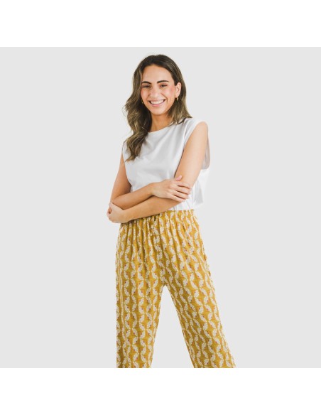 Pantalón viscosa Calsita mostaza pantalones-comodos-mujer