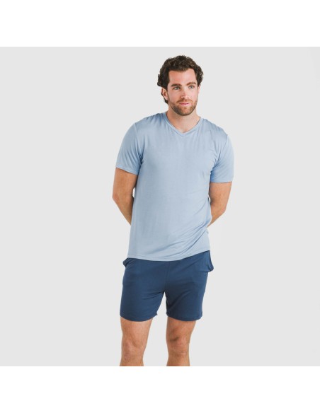 Pijama corto viscosa hombre celeste - marino pijamas-cortos-hombre