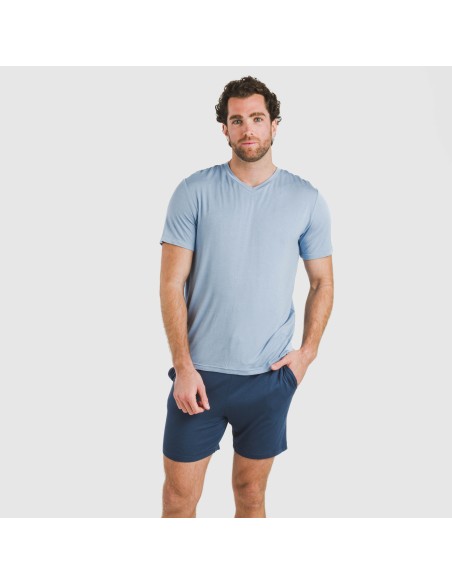 Pijama corto viscosa hombre celeste - marino pijamas-cortos-hombre