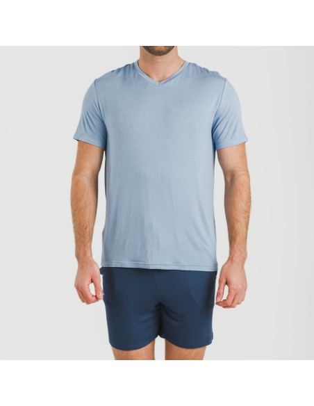 Pijama corto viscosa hombre celeste - marino pijamas-cortos-hombre