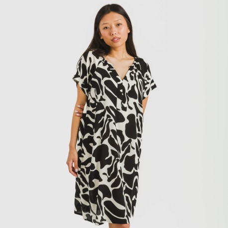 Vestido corto manga fluida viscosa bambula Teudis beige - negro vestidos-y-blusones-mujer