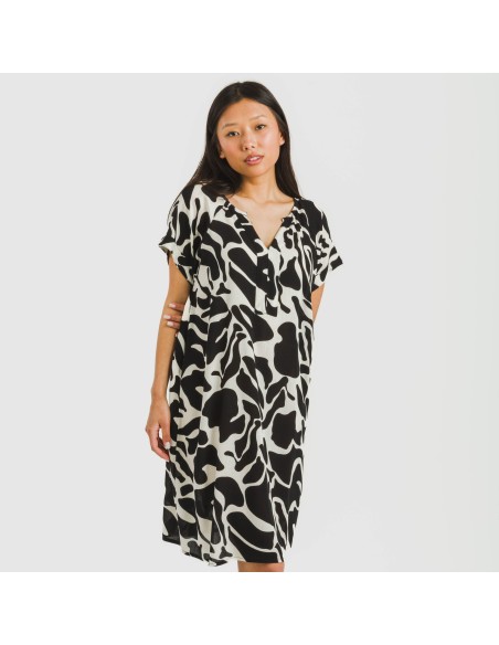 Vestido corto manga fluida viscosa bambula Teudis beige - negro vestidos-y-blusones-mujer
