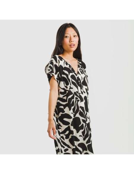 Vestido corto manga fluida viscosa bambula Teudis beige - negro vestidos-y-blusones-mujer