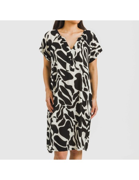 Vestido corto manga fluida viscosa bambula Teudis beige - negro vestidos-y-blusones-mujer