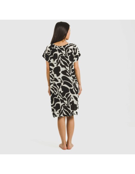 Vestido corto manga fluida viscosa bambula Teudis beige - negro vestidos-y-blusones-mujer