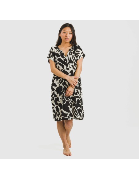 Vestido corto manga fluida viscosa bambula Teudis beige - negro vestidos-y-blusones-mujer