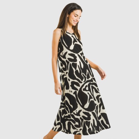 Vestido largo tirantes crepe Tendis beige - negro vestidos-y-blusones-mujer
