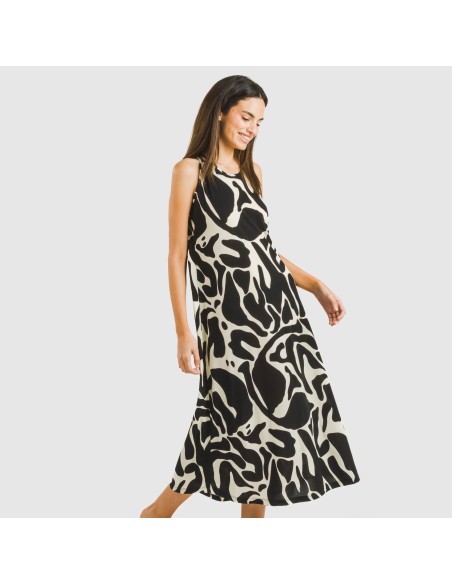 Vestido largo tirantes crepe Tendis beige - negro vestidos-y-blusones-mujer