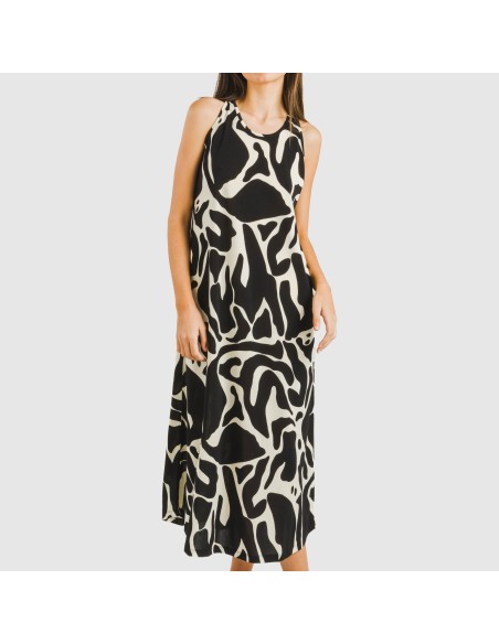 Vestido largo tirantes crepe Tendis beige - negro vestidos-y-blusones-mujer