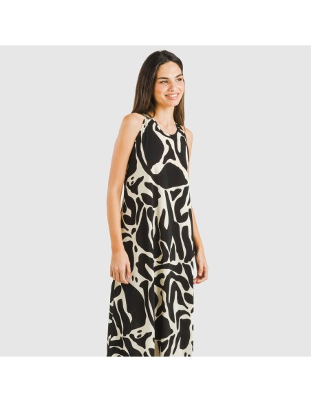 Vestido largo tirantes crepe Tendis beige - negro vestidos-y-blusones-mujer