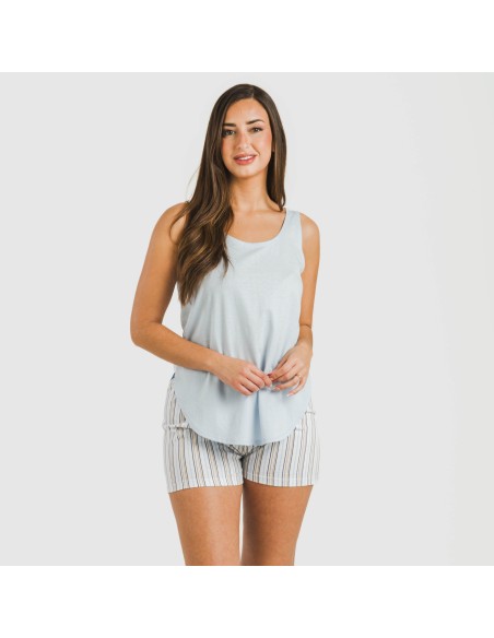 Pijama corto algodón Raya Bill celeste pijamas-cortos-mujer
