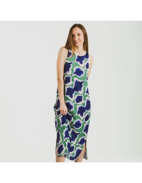 Vestido largo tirantes satén Prometeo azul - verde vestidos-y-blusones-mujer