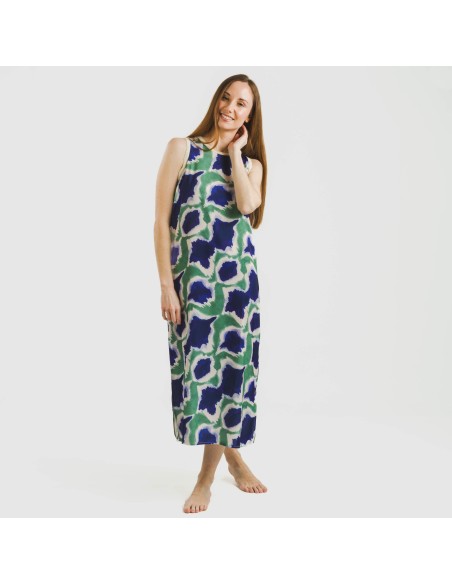 Vestido largo tirantes satén Prometeo azul - verde vestidos-y-blusones-mujer