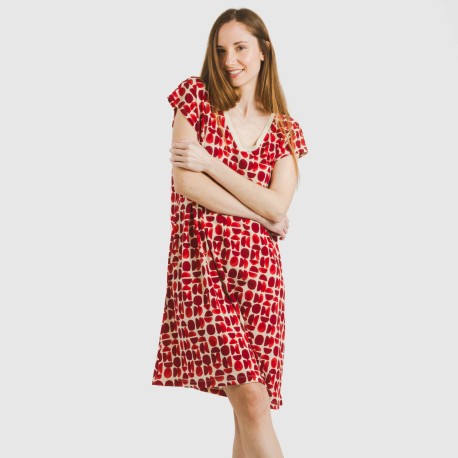 Vestido corto manga fluida crepe Tebas burdeos vestidos-y-blusones-mujer