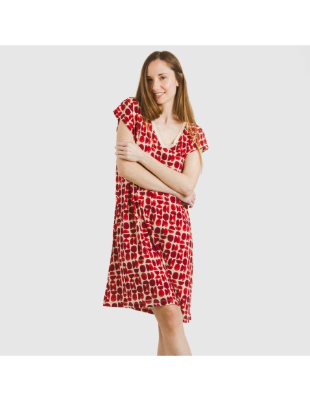 Vestido corto manga fluida crepe Tebas burdeos vestidos-y-blusones-mujer