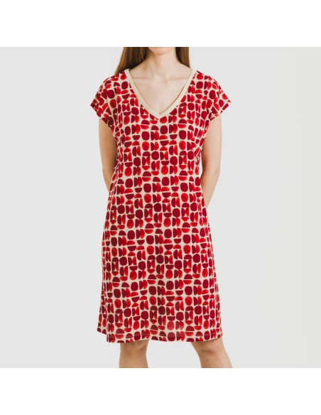 Vestido corto manga fluida crepe Tebas burdeos vestidos-y-blusones-mujer