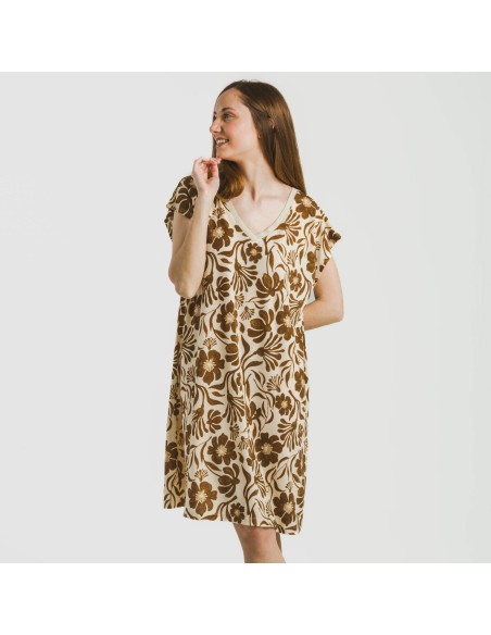 Vestido corto manga fluida crepe Alexis marrón vestidos-y-blusones-mujer