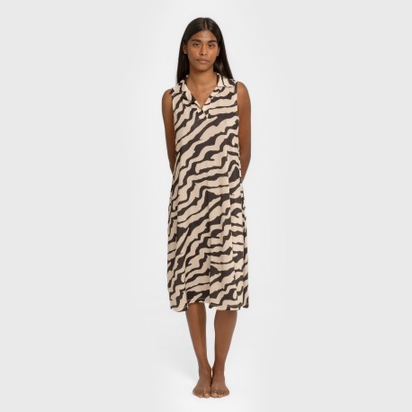 Vestido corto cuello y solapa soft Suiza beige - negro vestidos-y-blusones-mujer