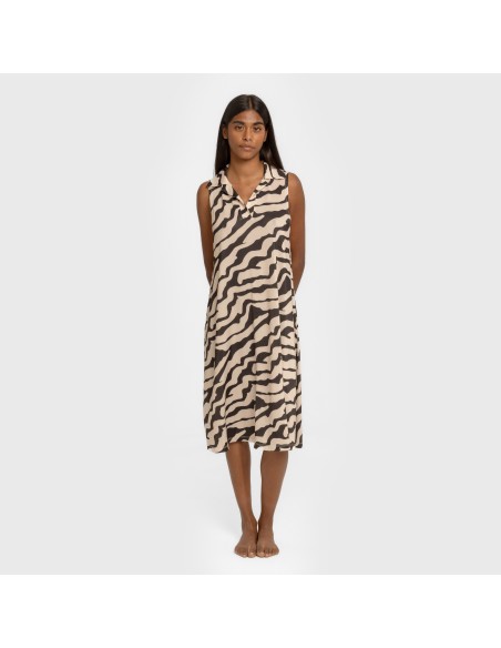 Vestido corto cuello y solapa soft Suiza beige - negro vestidos-y-blusones-mujer
