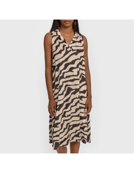 Vestido corto cuello y solapa soft Suiza beige - negro vestidos-y-blusones-mujer