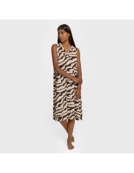 Vestido corto cuello y solapa soft Suiza beige - negro vestidos-y-blusones-mujer