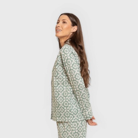 Pijama largo camisero algodón mujer Eugenia verde keike pijamas-largos-de-mujer