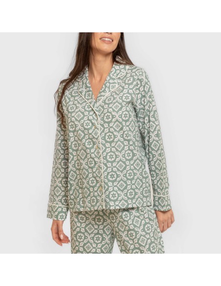 Pijama largo camisero algodón mujer Eugenia verde keike pijamas-largos-de-mujer