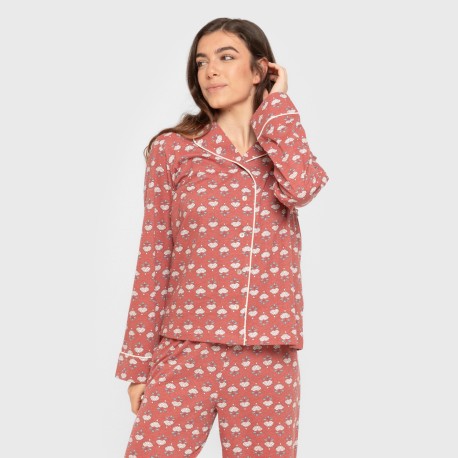 Pijama largo camisero algodón mujer Calendula marsala pijamas-largos-de-mujer