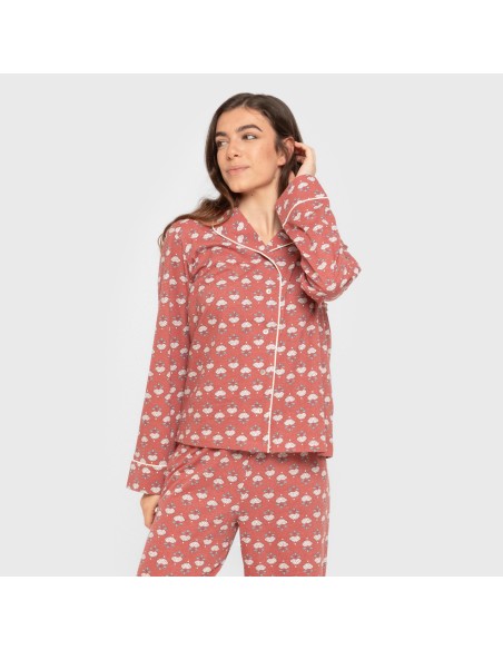 Pijama largo camisero algodón mujer Calendula marsala pijamas-largos-de-mujer