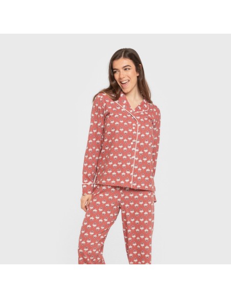 Pijama largo camisero algodón mujer Calendula marsala pijamas-largos-de-mujer