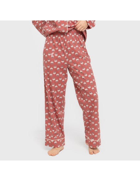 Pijama largo camisero algodón mujer Calendula marsala pijamas-largos-de-mujer