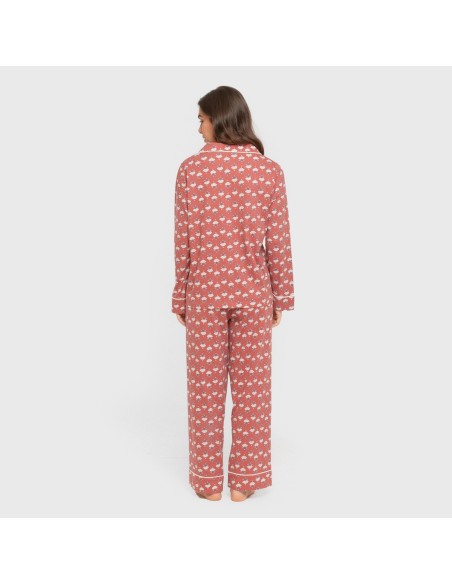 Pijama largo camisero algodón mujer Calendula marsala pijamas-largos-de-mujer