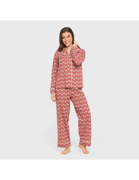Pijama largo camisero algodón mujer Calendula marsala pijamas-largos-de-mujer