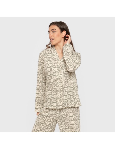 Pijama largo camisero algodón mujer Matilde verde caceria pijamas-largos-de-mujer