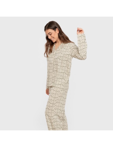 Pijama largo camisero algodón mujer Matilde verde caceria pijamas-largos-de-mujer