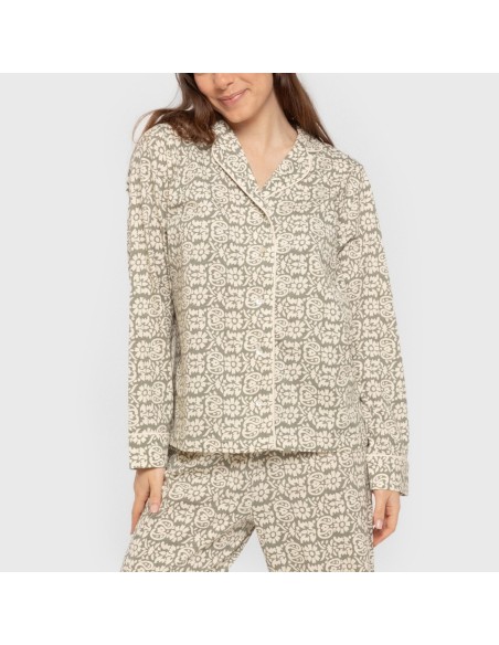 Pijama largo camisero algodón mujer Matilde verde caceria pijamas-largos-de-mujer