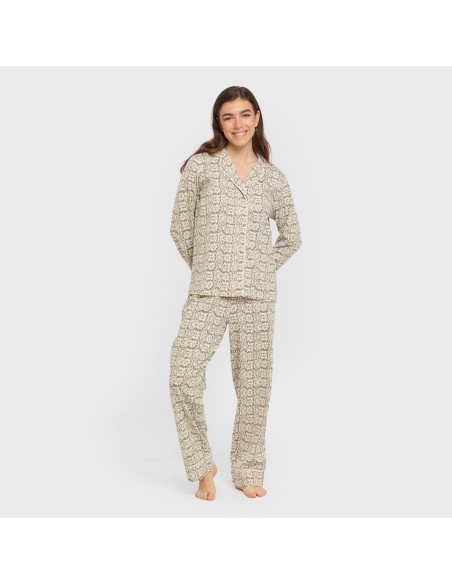 Pijama largo camisero algodón mujer Matilde verde caceria pijamas-largos-de-mujer