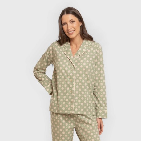 Pijama largo camisero algodón mujer Erati verde caceria pijamas-largos-de-mujer
