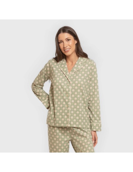Pijama largo camisero algodón mujer Erati verde caceria pijamas-largos-de-mujer