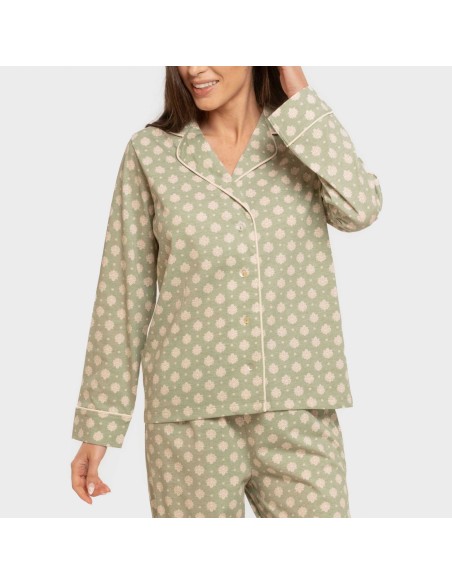 Pijama largo camisero algodón mujer Erati verde caceria pijamas-largos-de-mujer