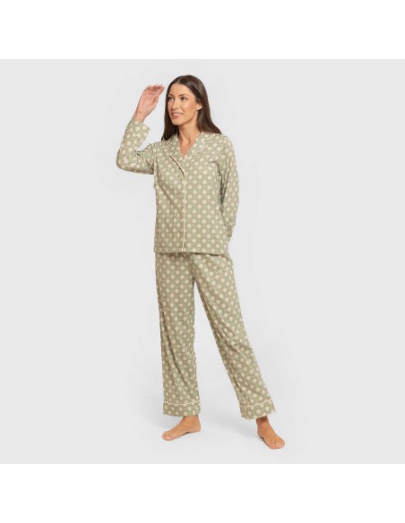Pijama largo camisero algodón mujer Erati verde caceria pijamas-largos-de-mujer