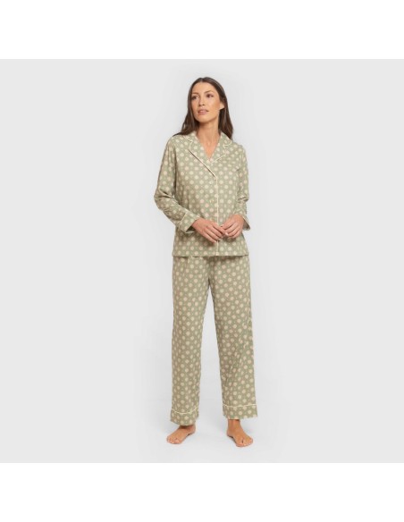 Pijama largo camisero algodón mujer Erati verde caceria pijamas-largos-de-mujer