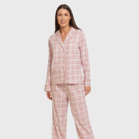 Pijama largo camisero algodón mujer Cuadro Moni rosa pijamas-largos-de-mujer