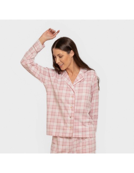 Pijama largo camisero algodón mujer Cuadro Moni rosa pijamas-largos-de-mujer