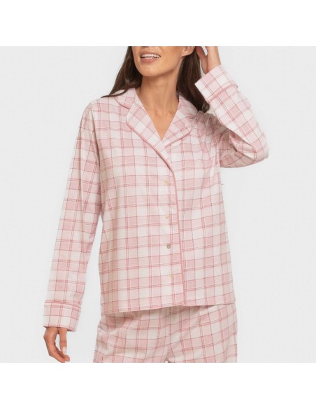 Pijama largo camisero algodón mujer Cuadro Moni rosa pijamas-largos-de-mujer