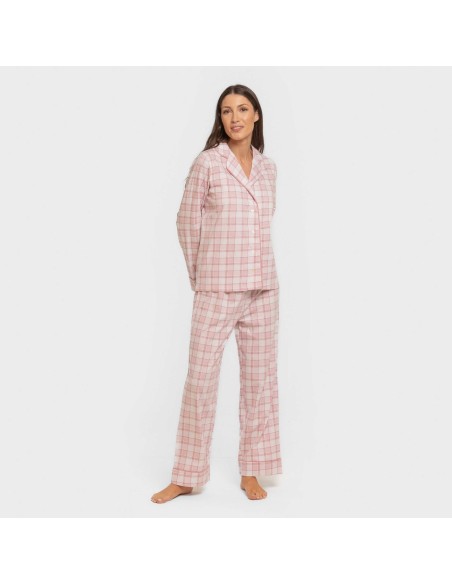 Pijama largo camisero algodón mujer Cuadro Moni rosa pijamas-largos-de-mujer