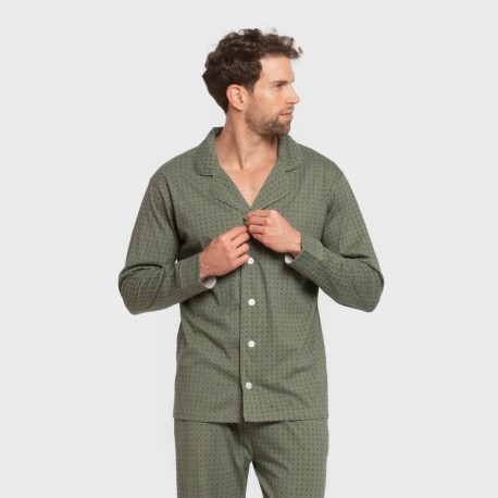 Pijama largo camisero algodón hombre Conde verde caceria pijamas-largos-hombre